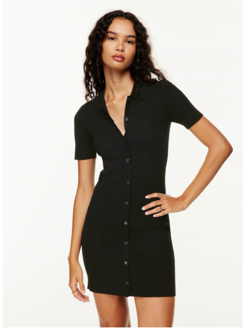 Aritzia Polo Mini Dress Button Front Black Knit Short Sleeve Size